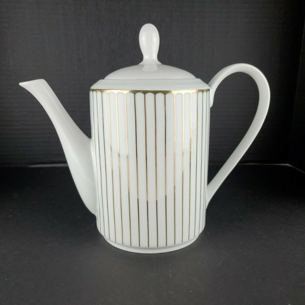 White W Gold Striped Teapot/Coffee Pot W Lid From ODETTE ESSENCE By STONEAGE